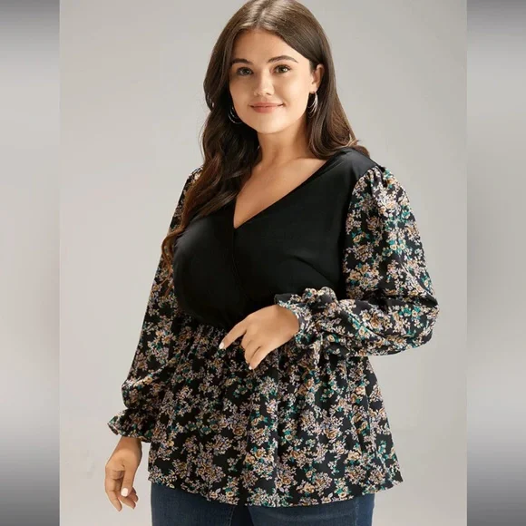 BloomChic Ditsy Floral Patchwork Elastic Waist Blouse Black / 22-24 / 3X - Picture 10 of 14